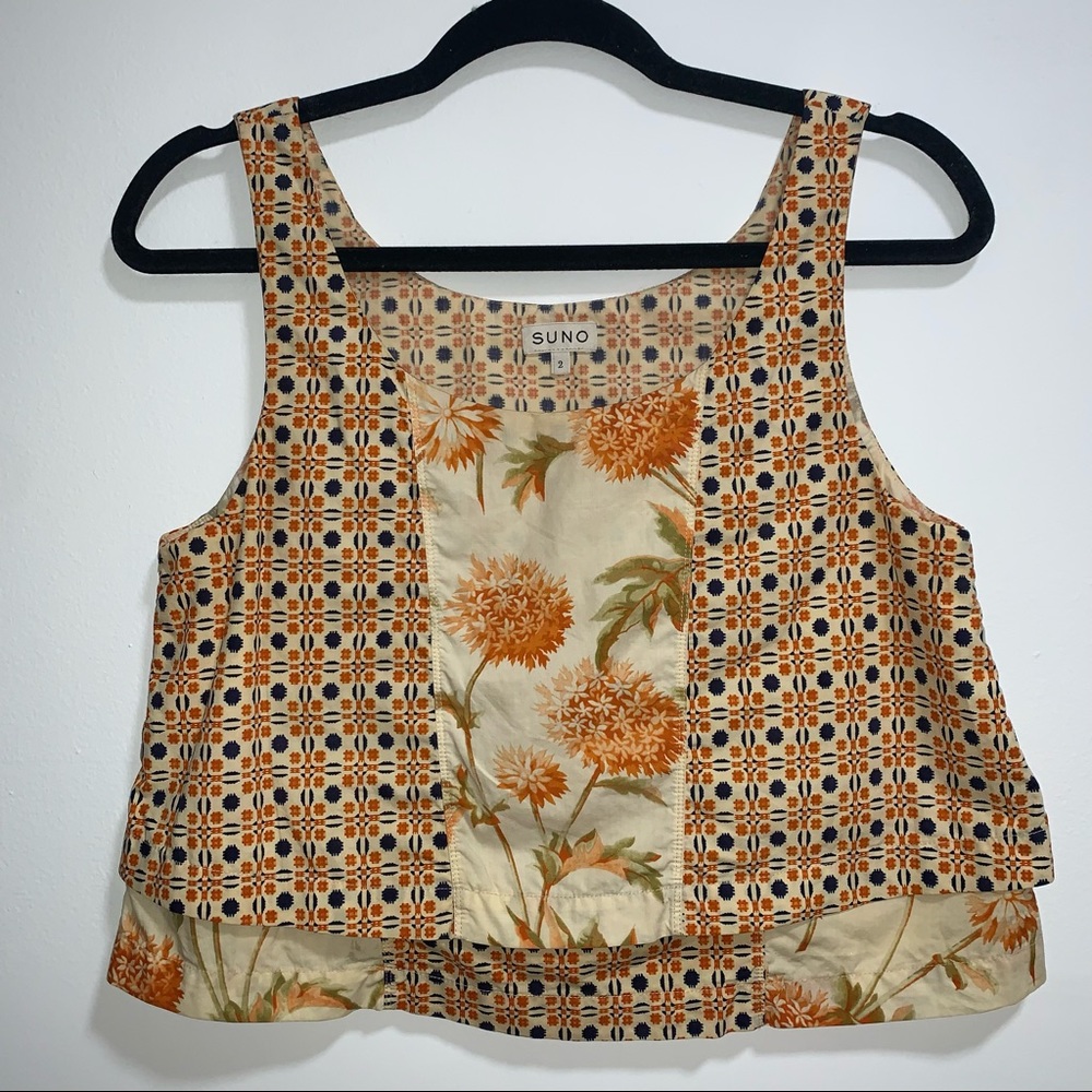SUNO Cream, Orange & Navy Floral & Mosaic Print Crop Top